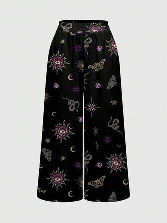 Goth Pantalones anchos y sueltos con estampado total de corazón, ojo, cruz, palacio, sol, luna y estrella en estilo gótico oscuro y misterioso para mujer