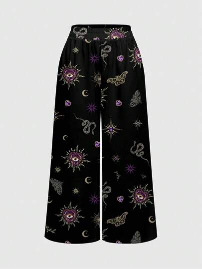 Women's Casual Gothic Dark Mysterious Heart Eye Cross Palace Sun Moon Star Eye Black All-Over Print Loose Wide Leg Pants