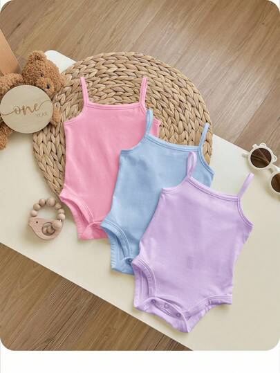 SHEIN 3件套休闲简约纯色针织吊带连体衣