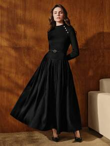 Anewsta Elegant Knit Patchwork Belted Maxi Dress With Flared Hem, Long Sleeve Round Neck, Autumn/Winter, Suitable For Formal, Party, Work, Wedding, Christmas, New Year