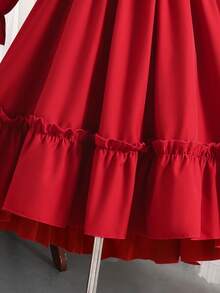 Robe de soirée en mousseline de soie rouge avec nœud papillon au dos, col en V et manches bouffantes, élégante pour les filles, convient pour les célébrations du Nouvel An - Rouge foncé - Voir 8