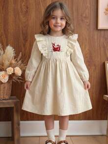 Blossori Young Girls' French Elegant Deer Embroidery Ruffle Trim Round Neck Long Sleeve Dress - White - View 1