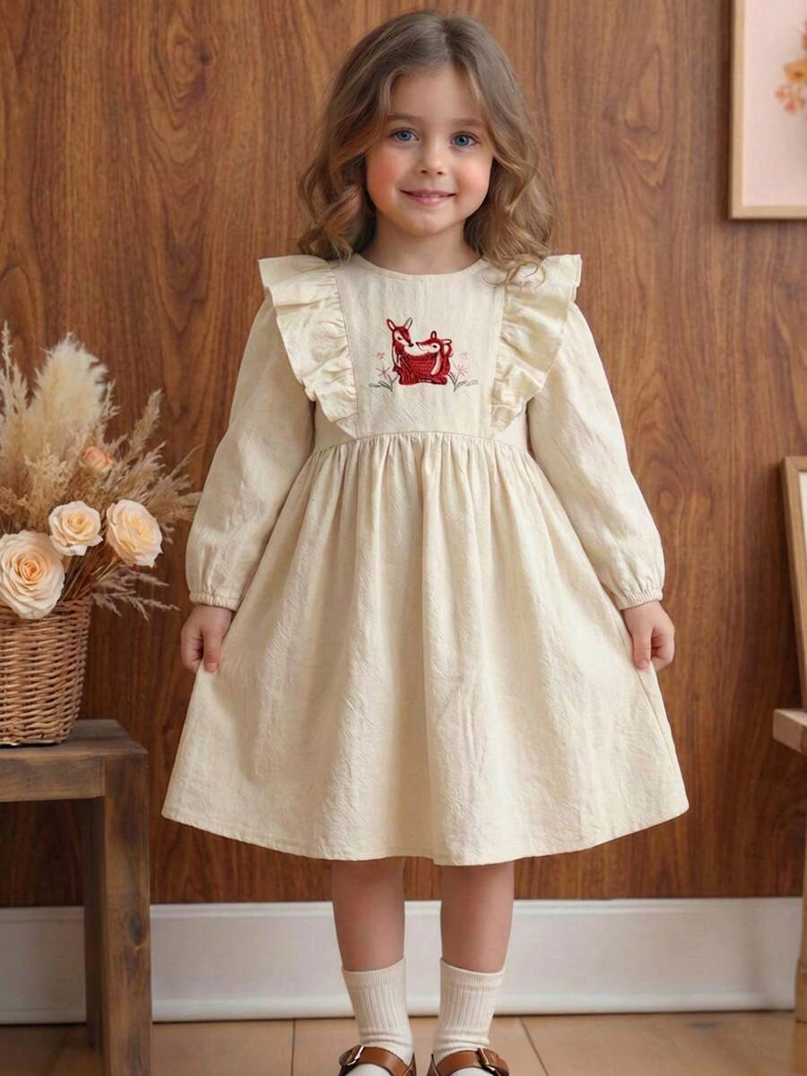 Blossori Young Girls' French Elegant Deer Embroidery Ruffle Trim Round Neck Long Sleeve Dress - White - View 1