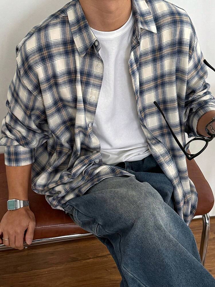 Men's Plaid Loose Fit Casual Shirt, Spring/Autumn