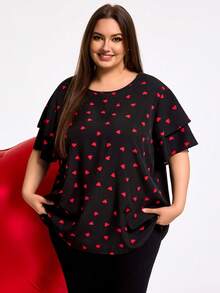 SHEIN CURVE+ Áo kiểu nữ cỡ lớn CURVE PLUS /Ngày Valentine/Áo kiểu cổ tròn in hình trái tim, viền bèo nhún - màu đen - Xem 5