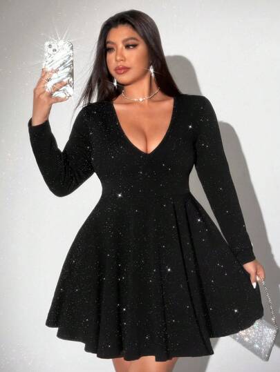 Viva Relle Women's Plus Size Elegant Solid Color High-Elastic Knit Shiny Glitter Hot Stamping Silver Deep V-Neck Party, Gathering, Prom, Night Out, Christmas, Halloween, New Year's, Valentine's Day Romantic Date Dress With Cinched Waist, Extra Large Hem, Concert-Ready, Fashionable Versatile Design, New Autumn/Winter Long Sleeve Gown
