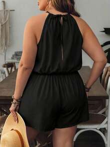 EMERY ROSE Plus Size Women's Solid Color Black Jumpsuit, Women's Summer Clothing, Women's Elegant Outfit, Outerwear, Office Wear Spring - Black - View 2