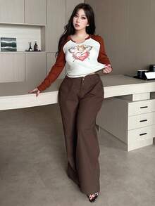 Dazy Plus Jeans droits amples à poches pour femmes grandes tailles, toutes saisons - Tabac - Voir 6