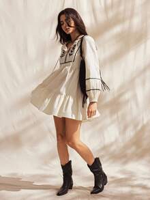 Easelle Women's Embroidered Knot Ruffle Hem Long Sleeve Mini Dress - Apricot - View 4