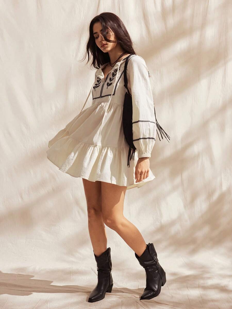 Easelle Women's Embroidered Knot Ruffle Hem Long Sleeve Mini Dress - Apricot - View 1