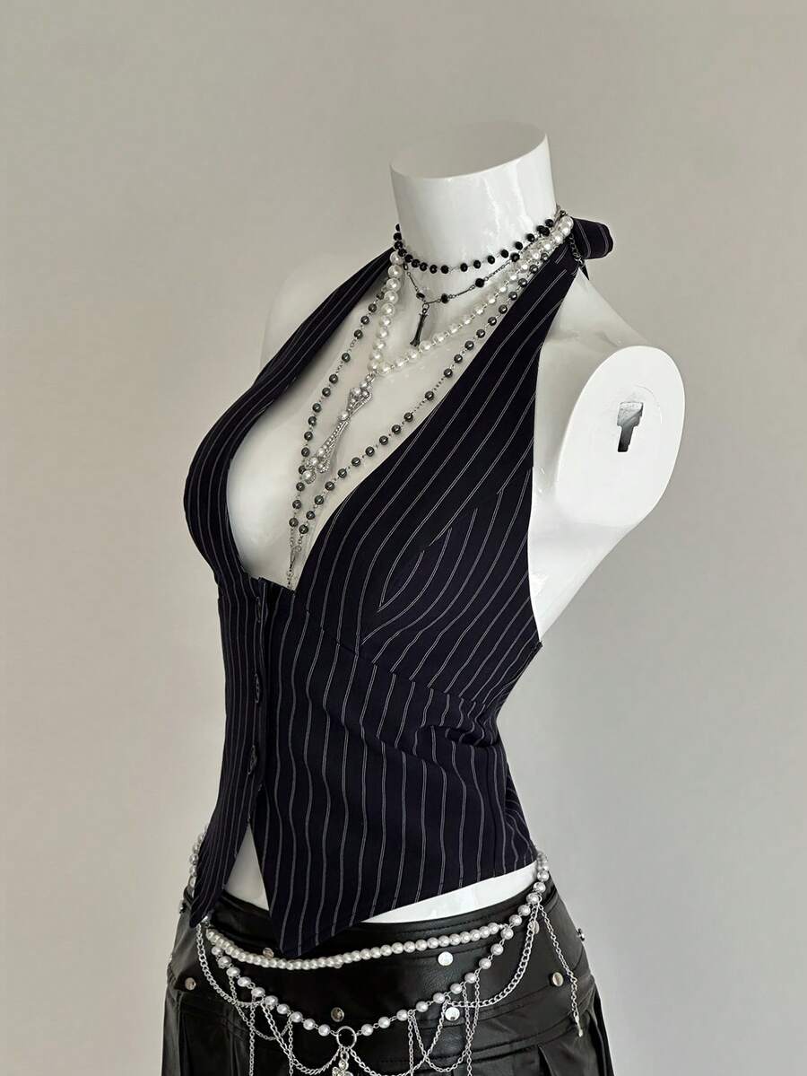 Jeanoix Striped Deep V-Neck Sexy Vest Blazer - Multicolor - View 1