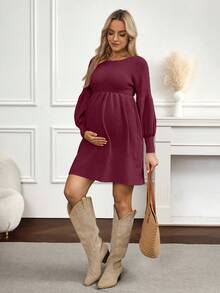 SHEIN Maternity Sweater Dress With Back Hook Flower Design, Long Sleeve Mini Dress - Burgundy - View 3