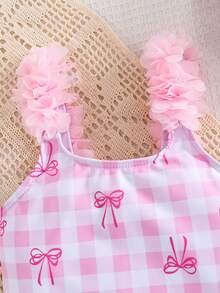 Emery Rose Kids Emery Rose Kids Young Girl Knitted Plaid Pink Bow Print Design 3D Floral One-Piece Swimsuit - Pink - View 5