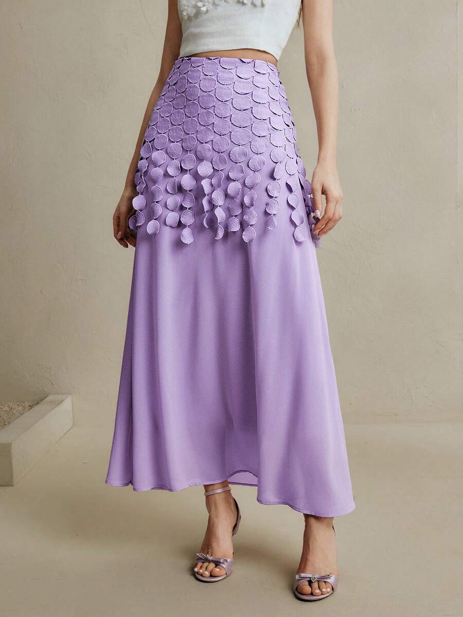 Anewsta 薰衣草色蕾丝流苏边半身裙，优雅派对半身裙，女士春夏款 - 淡紫色 - 查看 1