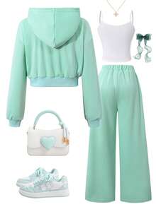 Sparklyn Bộ 3 món đồ thể thao ngoài trời thoải mái, thời trang, có khóa kéo phía trước, chất liệu vải dệt kim in họa tiết, dáng rộng, màu hồng trơn, dành cho thanh thiếu niên. - màu xanh lá - Xem 2