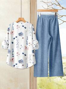 Rusticease 2 件套休闲碎花衬衫和图案裤，大码女士度假风格服装，适合夏季和初秋 - 彩色 - 查看 2