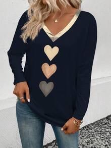 EMERY ROSE Women's V-Neck Long Sleeve Casual Fashion Heart Print Gold Coated Collar T-Shirt, Suitable For Spring And Autumn