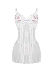 2pcs Women's Sheer Embroidered Sexy Nightgown Set - White - View 3