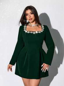 Viva Relle Dark Green Plus Size Mini Dress With Embellished Square Neck Long Sleeves And Flared Hem Zipper Details - Dark Green - View 5