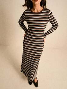 Poéselle Vestido casual de mujer de manga larga con cuello redondo y rayas, estilo vintage, para otoño - Marrón - Ver 5