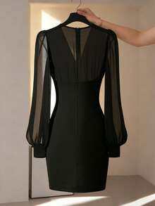 Franclia 女士优雅薄纱灯笼袖褶皱腰身迷你连衣裙，饰有金色纽扣 - 黑色 - 查看 2