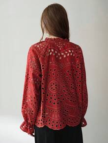 Aveloria Modichic New European & American Style V-Neck Embroidered Tie Loose Casual Long Sleeve Shirt - Rust Brown - View 3