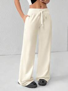 SHEIN PETITE Comfortable And Casual Plain Knitted Low-Rise Wide-Leg Women's Wide Leg Comfy Pants Satin Pants Cream Pants Silk Pants Wide Leg Sweatpants Drawstring Pants Lounge Pants - Light Yellow - View 7