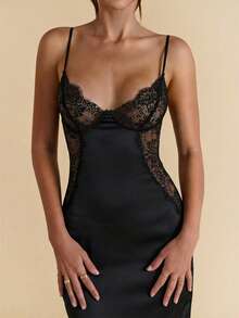 SHEIN BAE 优雅红色蕾丝拼接缎面连衣裙，性感透视蕾丝长裙，适合婚礼、伴娘、正式场合 - 黑色 - 查看 6