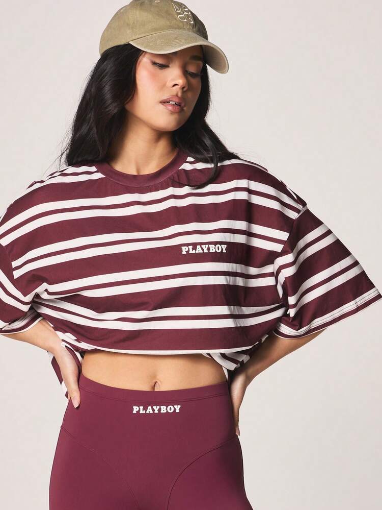 Missguided x Playboy Logo Horizontal Striped Oversized Crew Neck Short Sleeve T-Shirt Casual Relaxed Fit Top