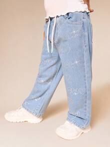 SUMWON Girls Embellished Rhinestone Baggy Pull On Jeans With Drawstring Waist And Star Heart Text Design Casual Vacation - Baby Blue - View 5