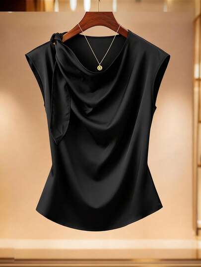 GlowEve CURVE Plus Size Women's Summer New Elegant Solid Color Satin Twist Collar Niche Design Blouse