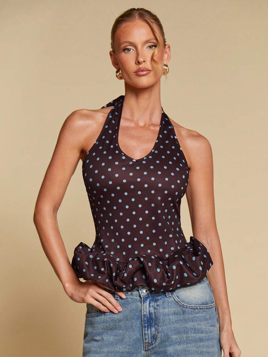 COSMINA Canotta elegante da donna con collo a canottiera e orlo arricciato, versatile per appuntamenti, ufficio, raduni casual, feste - Castano - Visualizzare 1
