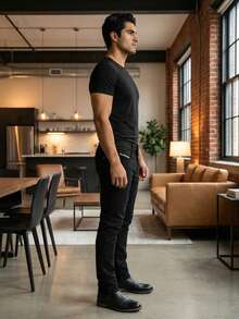 Hombre pantalón denim estilo casual diseño sólido tela elástica corte slim tiro regular ajuste ceñido sin cuello sin mangas uso diario pantalones - Negro - Ver 2