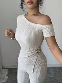 Elenzga 女士优雅通勤纯色不对称上衣和裤子两件套 - 杏色 - 查看 7