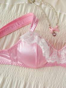 SHEIN 女士性感甜美可爱浪漫复古法式缎面撞色蕾丝露脐上衣+丁字裤+迷你裙+腰带+腿环六件套 - 粉色 - 查看 5