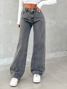 SHEIN Tall 100%纯棉女士高腰宽松牛仔裤 - 灰色 - 查看 4