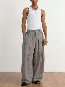 TOKVUE 男士复古休闲通勤条纹阔腿裤，美拉德风格，男士阔腿裤，男士褶裥裤，男士宽松裤，街头热销INS风裤装，格子宽松直筒裤，美式休闲休闲裤，日常男友/老公礼物，周年纪念礼物，圣诞节穿搭，复古商务休闲裤，秋冬 - 棕色 - 查看 3