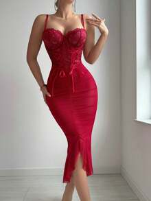 2pcs Set: Lace Contrast Mesh Tie-Up Bodycon Maxi Dress & G-String, Valentine's Day - Burgundy - View 1