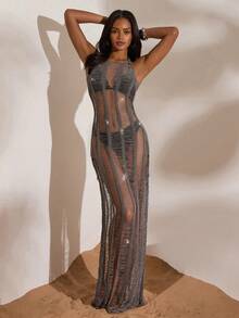 Opulessa Women's Halter Tie-Up Hollow-Out Sexy Sheer Party Dress  Club Outfits, Date, Night Out,Vacation ,Beach Outfits,Garden , ,Sexy Elegant Party,, National Day,Going Out Outfit, Carnival - Grey - View 5