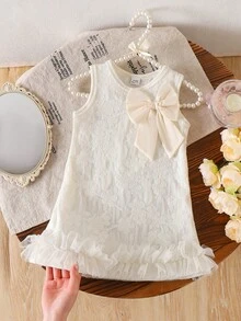 Souflis Souflis Vestido casual minimalista de color albaricoque con estampado de jacquard floral, decorado con lazo y falda de malla para niñas pequeñas, elegante y dulce sin mangas - Albaricoque - Ver 9