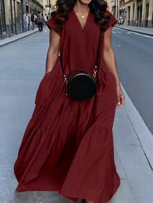 SHEIN Váy trơn màu thường ngày cỡ lớn, mùa hè - Màu Đỏ Sâu - Xem 1