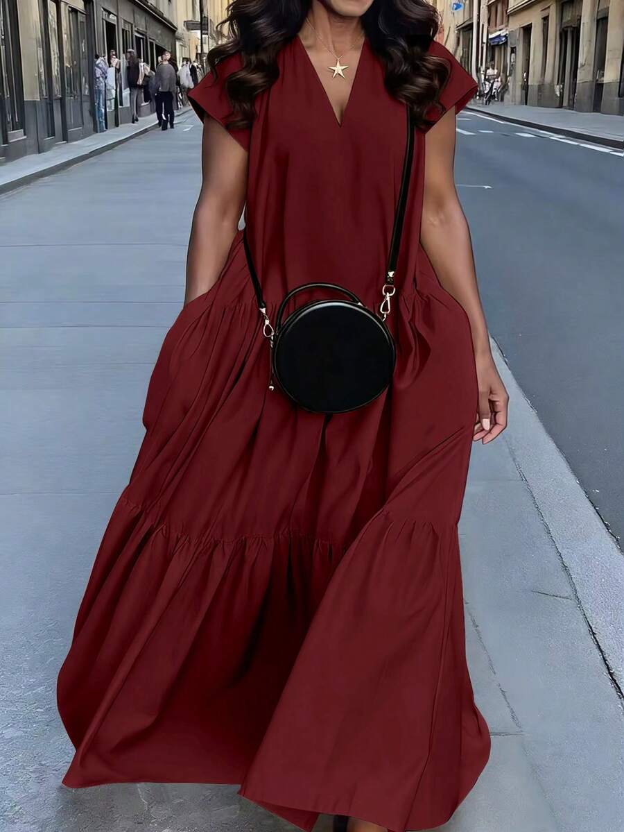 SHEIN Váy trơn màu thường ngày cỡ lớn, mùa hè - Màu Đỏ Sâu - Xem 1