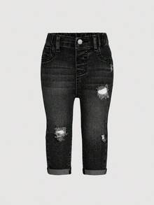 SHEIN Baby GirlBlue Denim Ripped Stretch Skinny Pants - Black - View 2