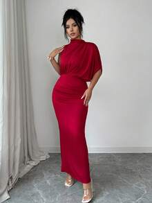 Elenzga Women's Elegant Burgundy Ruched Collar Sleeveless Fitted Flared Dress, Spring/Summer - Burgundy - View 5