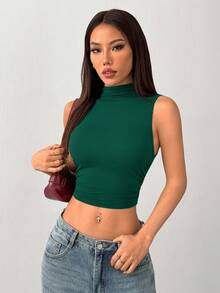 SHEIN PETITE 纯色无袖立领修身休闲短款上衣 - 墨綠色 - 查看 5