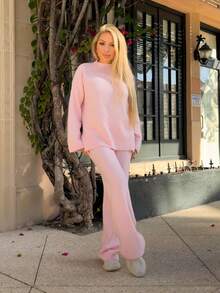 Cioccolato Women's Casual Solid Color Knitted Sweater And Pants 2 Pieces Set, Autumn/Winter - Baby Pink - View 1