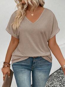 EMERY ROSE Women's Casual V-Neck Turnover Cuff Short Sleeve All-Match Versatile Plus Size T-Shirt, Spring/Summer - Khaki - View 6
