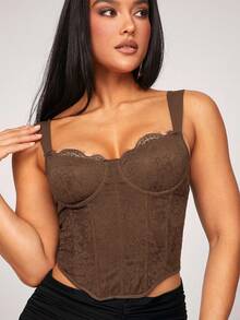 Silquee Women's All Black All-Match Tight Patchwork Lace Bra Gorgeous Top With Curved Hem Floral Lace Corset Top, Suitable For Spring Break, Beach Vacation, Night Out, Girls' Gathering, Beach Party, Pool Party, Holiday, Casual Party, Cabin Retreat, Daily Wear - Brown - View 7
