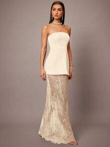 Silquee 两件套黑色露脐抹胸上衣搭配蕾丝边A字裙，适合约会、毕业典礼、音乐会、伴娘、婚礼、浪漫场合，简约风格，优雅日常穿搭 - 杏色 - 查看 5