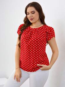 SHEIN Clasi 大码波点印花荷叶边圆领休闲短袖衬衫 - 紅色 - 查看 4